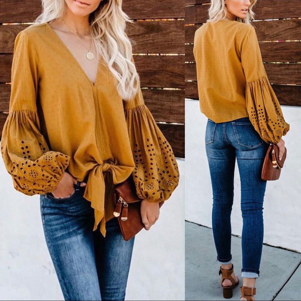 Last 3! Boho Peasant balloon sleeve tie top - Picture 3 of 7